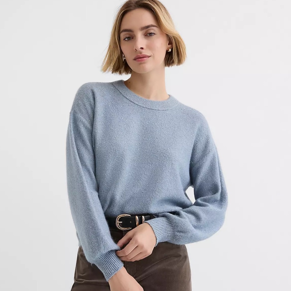 LOFT Floral Sequin Blouson Sweater, M, Blue Teacup